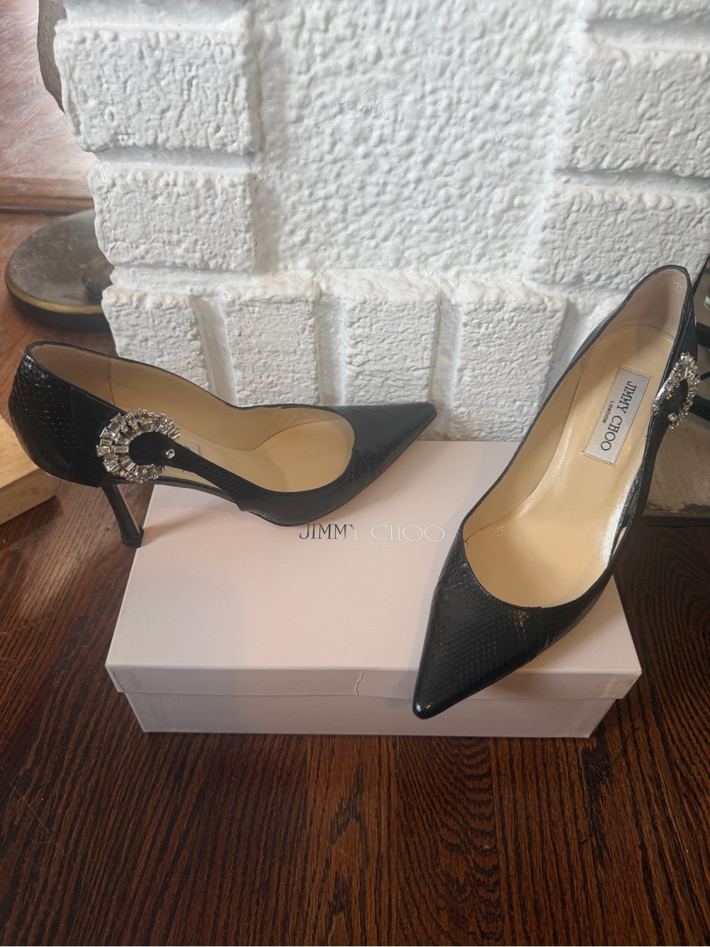 Jimmy Choo Watersnake Skin Black pumps with crystal brooch. Size:EU38.5/US 8.5.